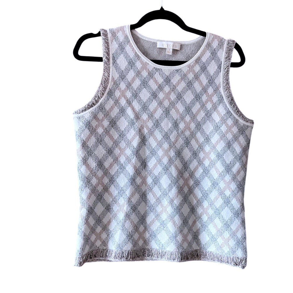 Etcetera Argyle Knit Tank Top Womens Size S‎ Fringe Trim Sleeveless Pullover